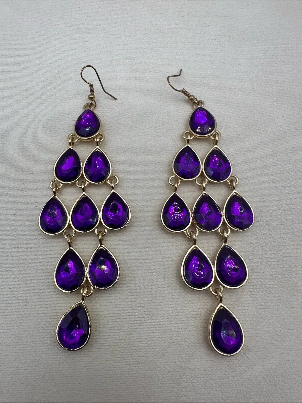 Purple Rhinestone Tiered Teardrop Chandelier Drop Earrings Gold Tone